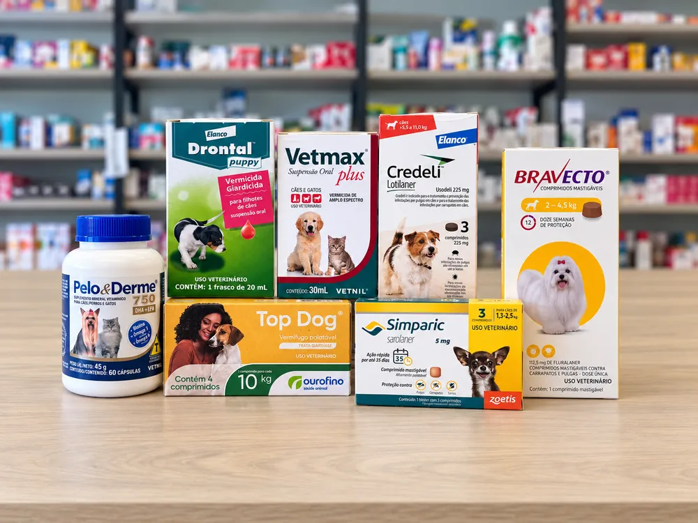 Caixas de vermífugos, antipulgas e suplementos sobre o balcão