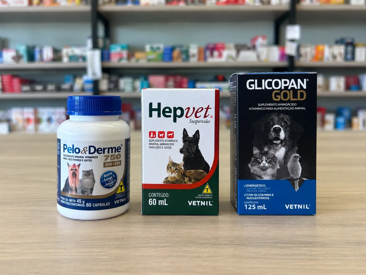Pelo & Derme, Hepvet e Glicopan Gold sobre o balcão da Athos